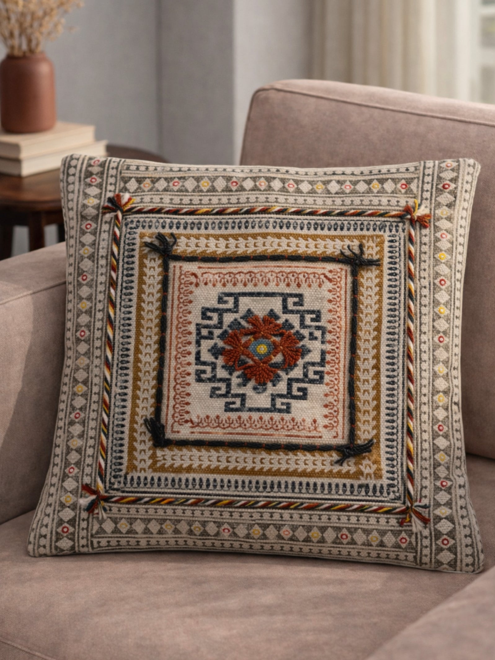 Rustic Floral Diamond Block Print Cushion