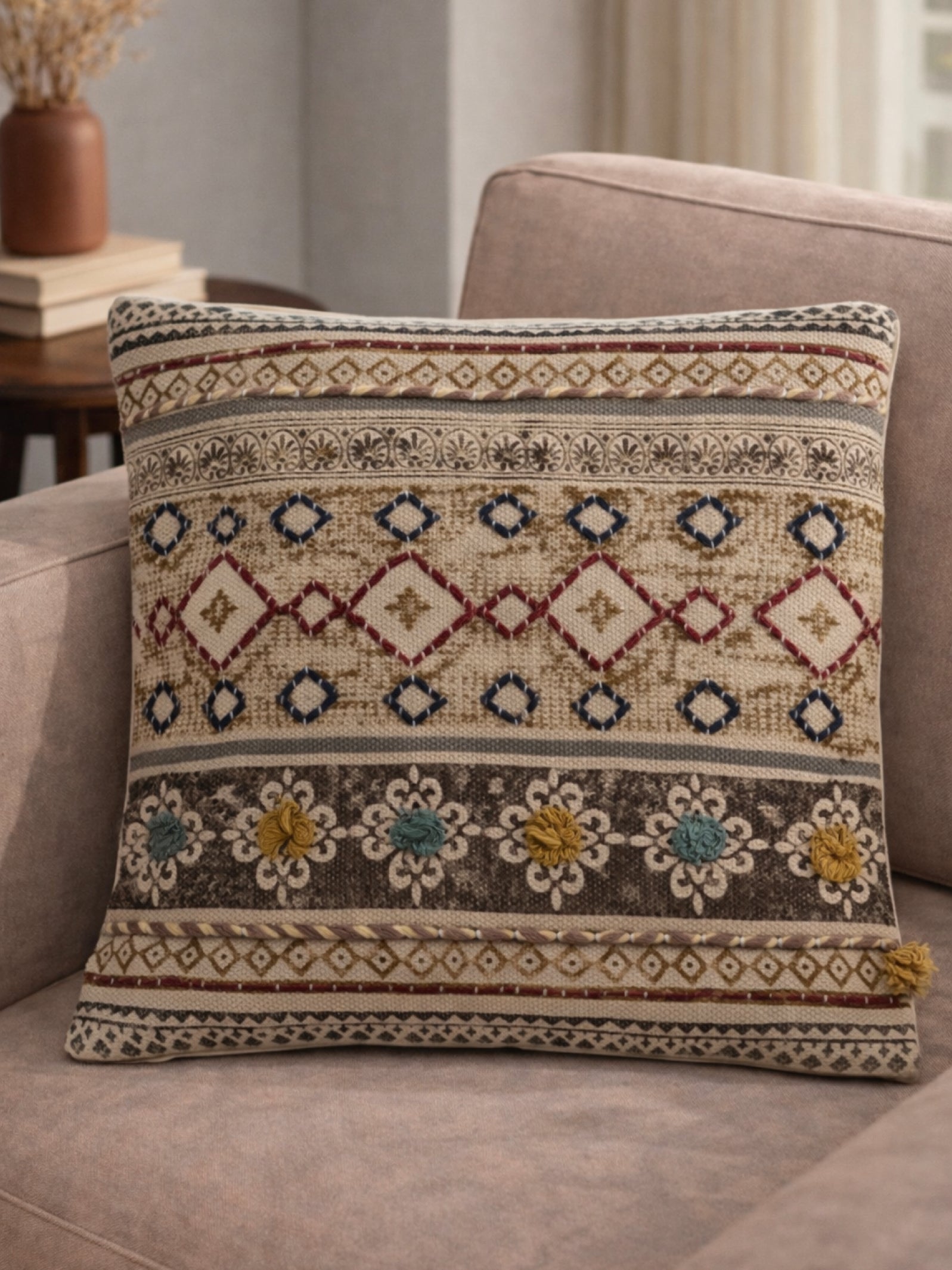 Rustic Floral Diamond Block Print Cushion Cover