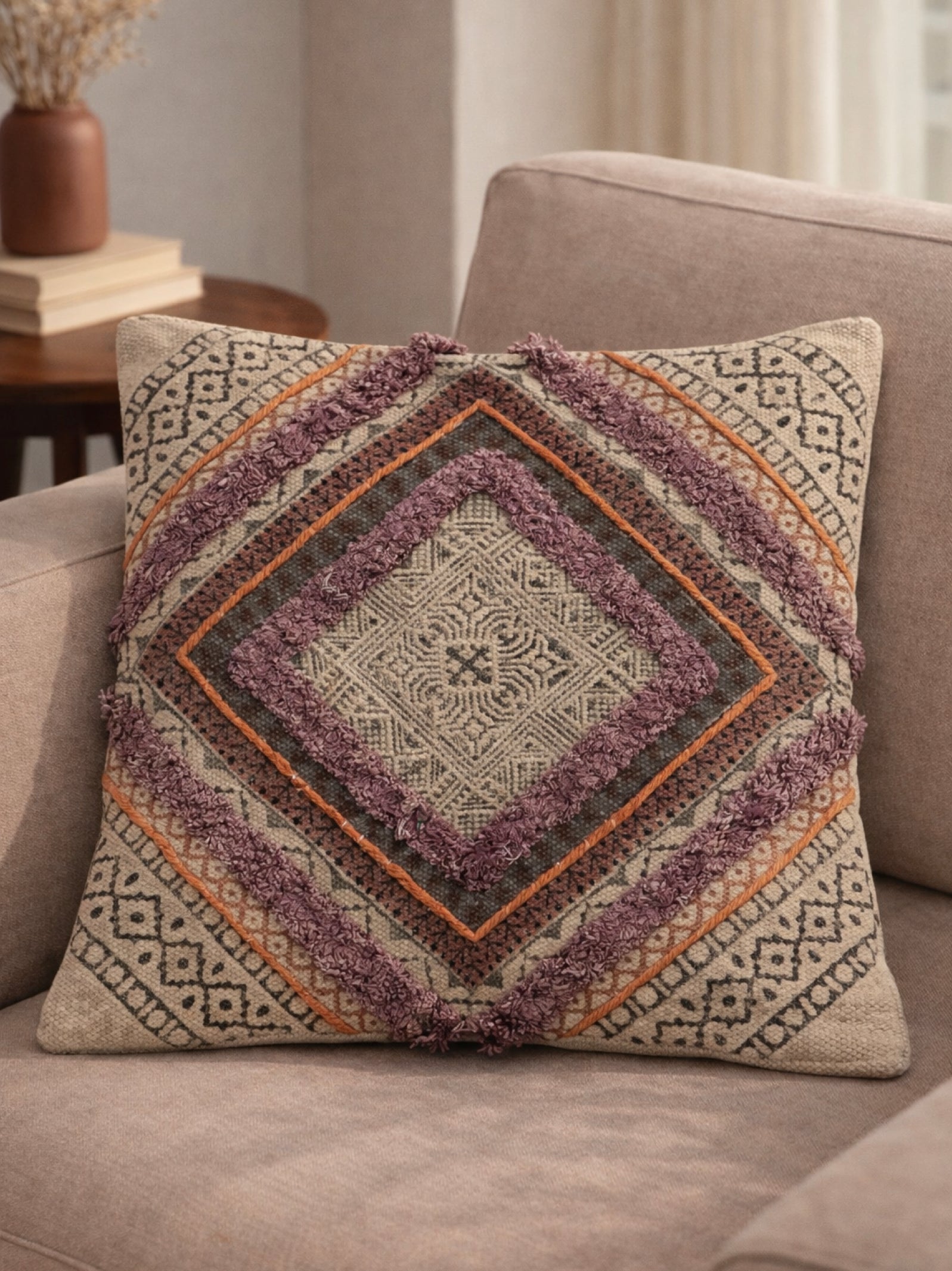 Boho Diamond Textured Block Print Cushion Cover