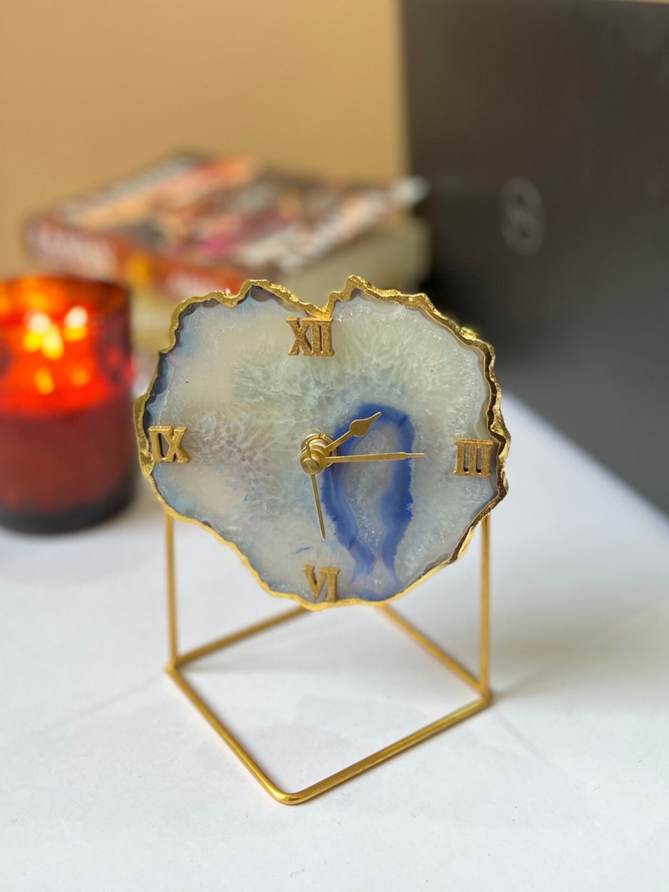 Desk Clock with Metal Stand - Brazilian Agate