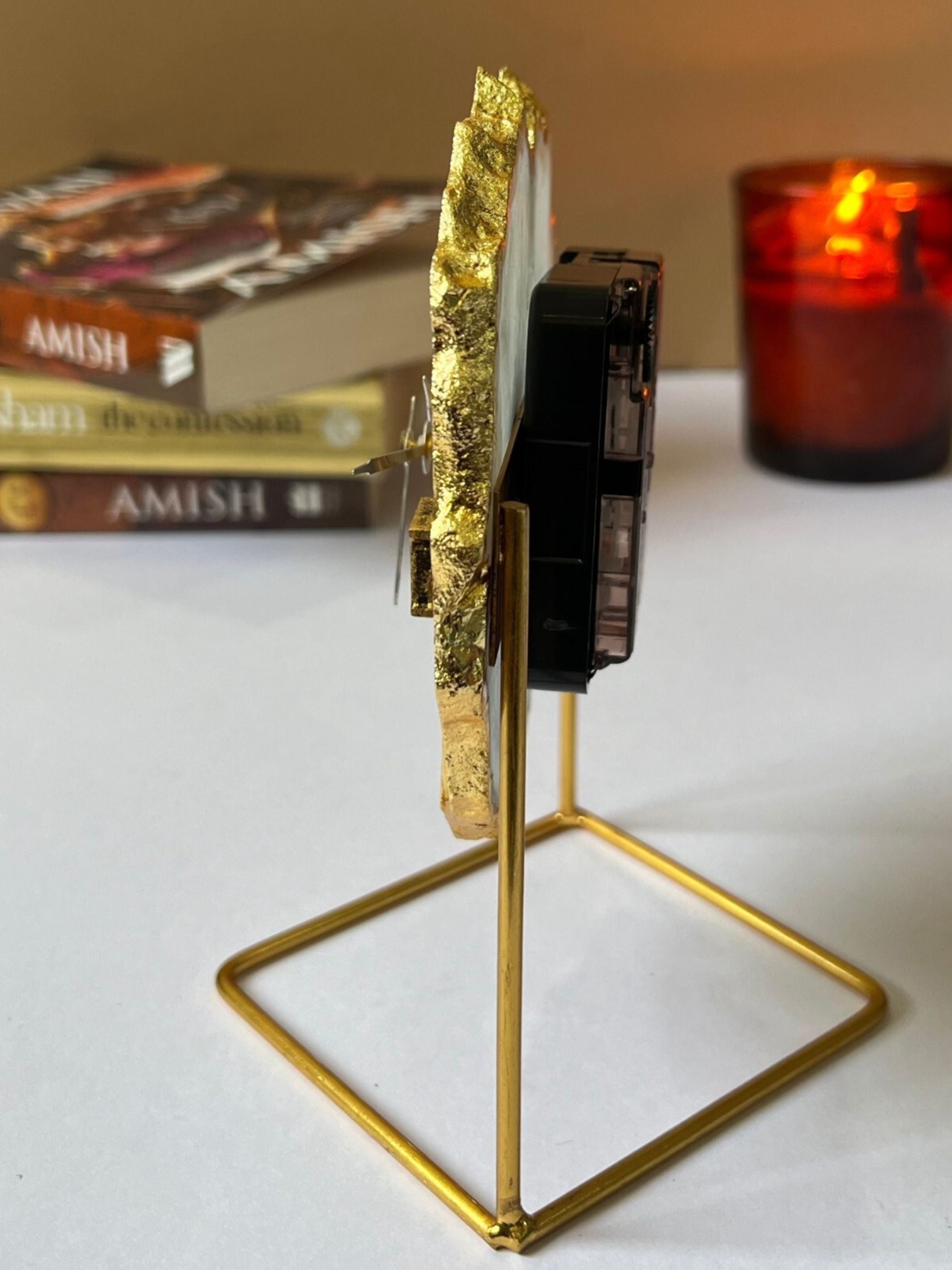 Desk Clock with Metal Stand - Brazilian Agate