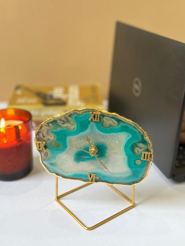 Desk Clock with Metal Stand - Brazilian Agate
