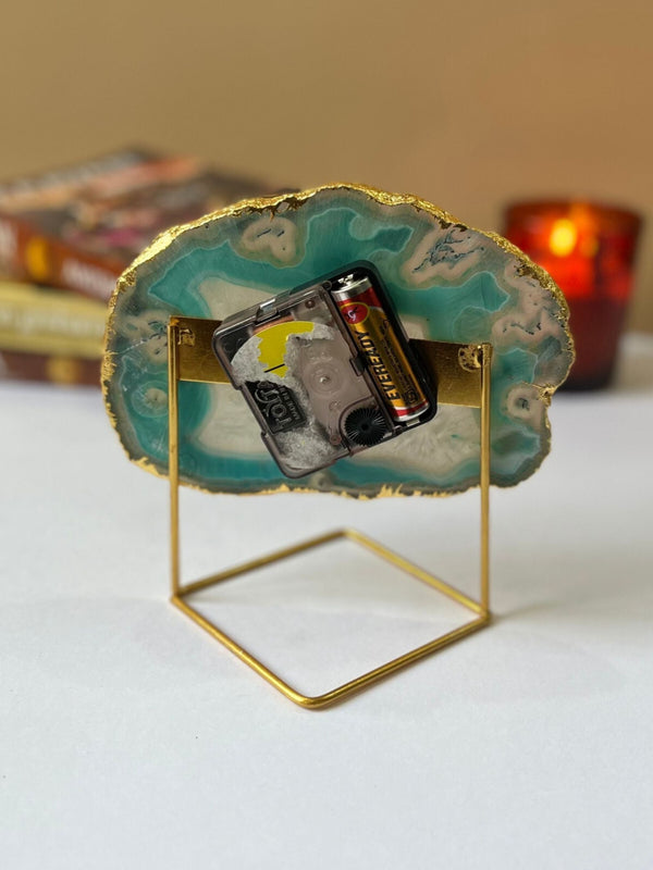 Desk Clock with Metal Stand - Brazilian Agate