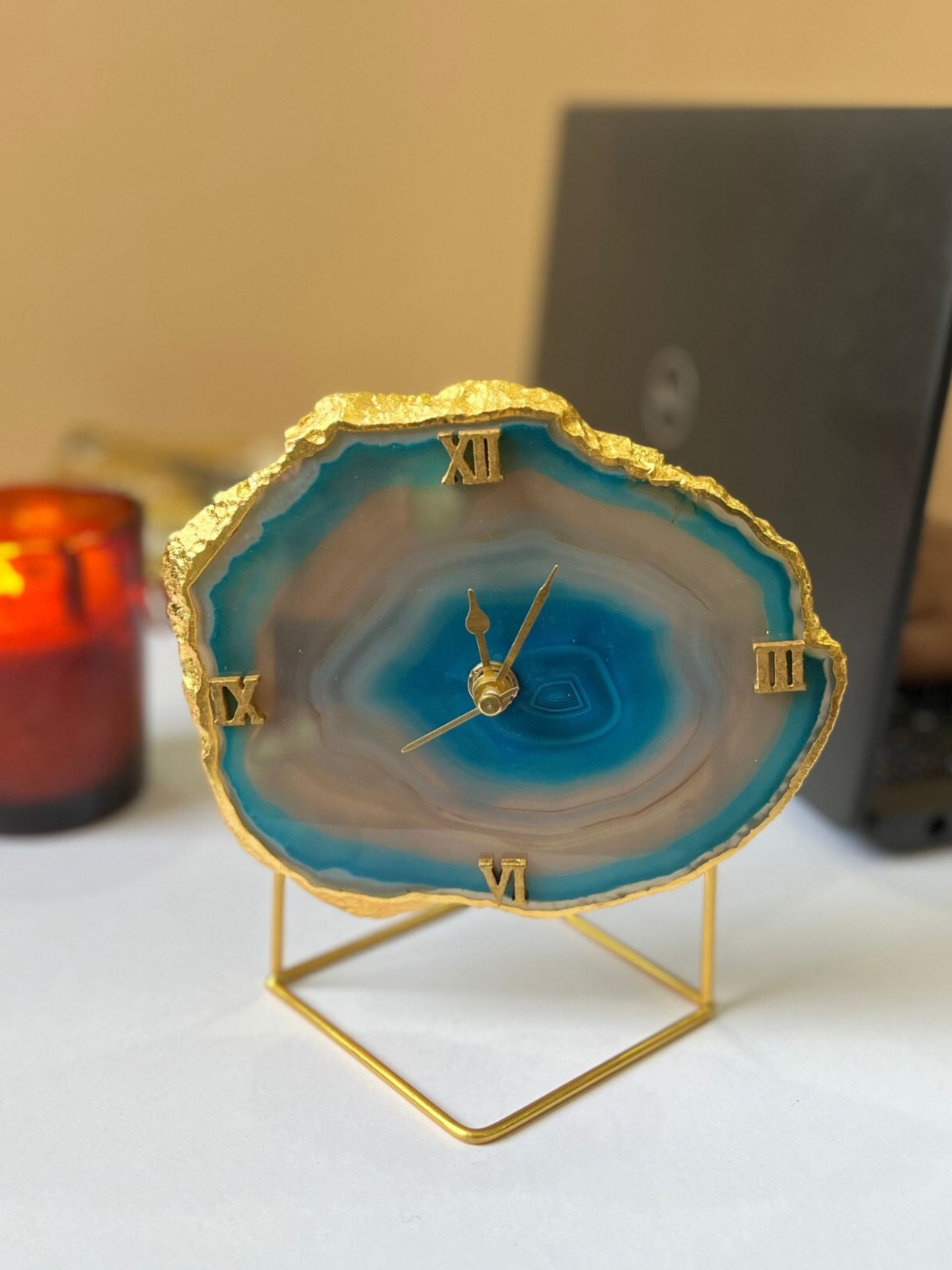 Desk Clock with Metal Stand - Brazilian Agate