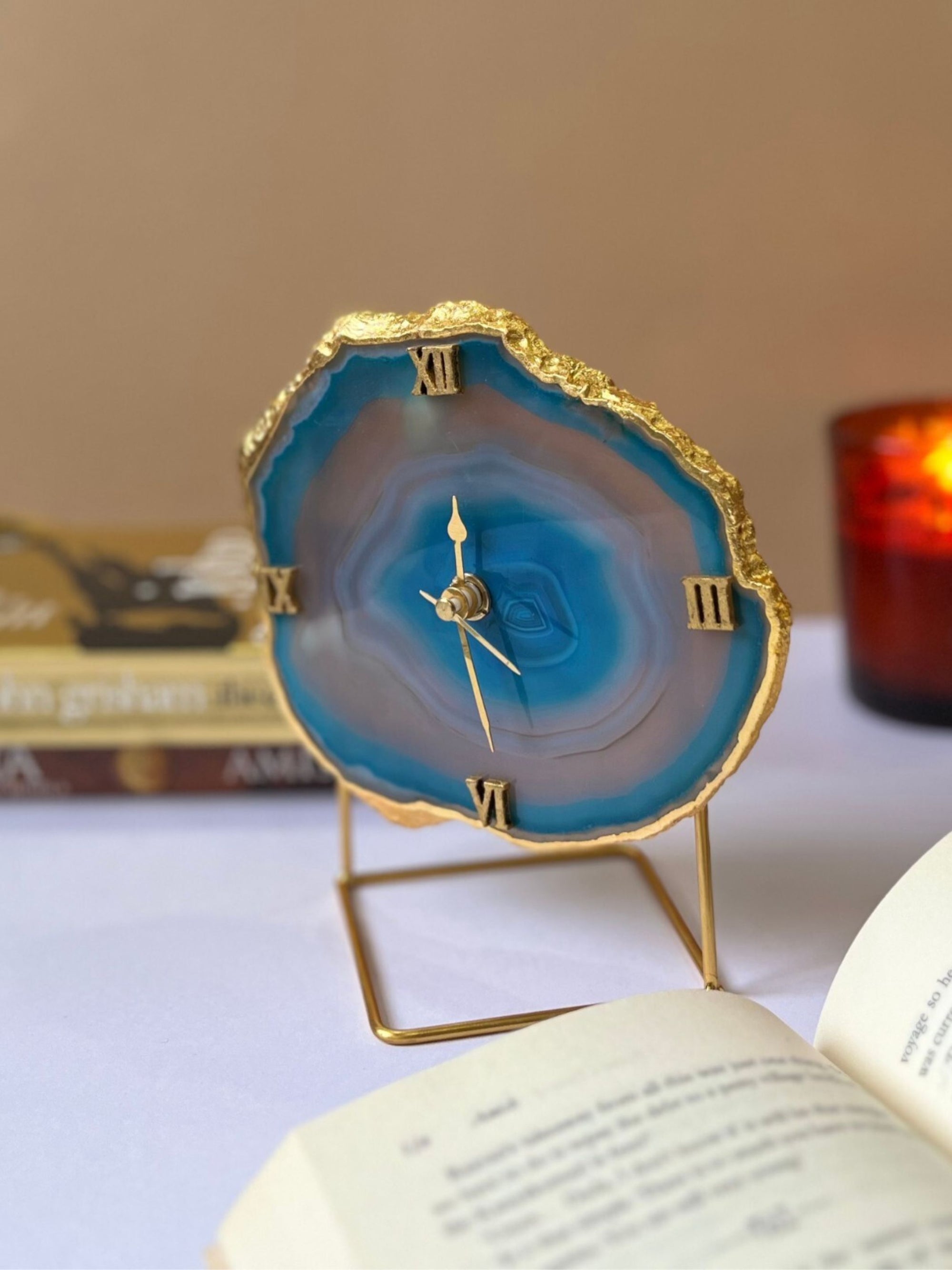 Desk Clock with Metal Stand - Brazilian Agate