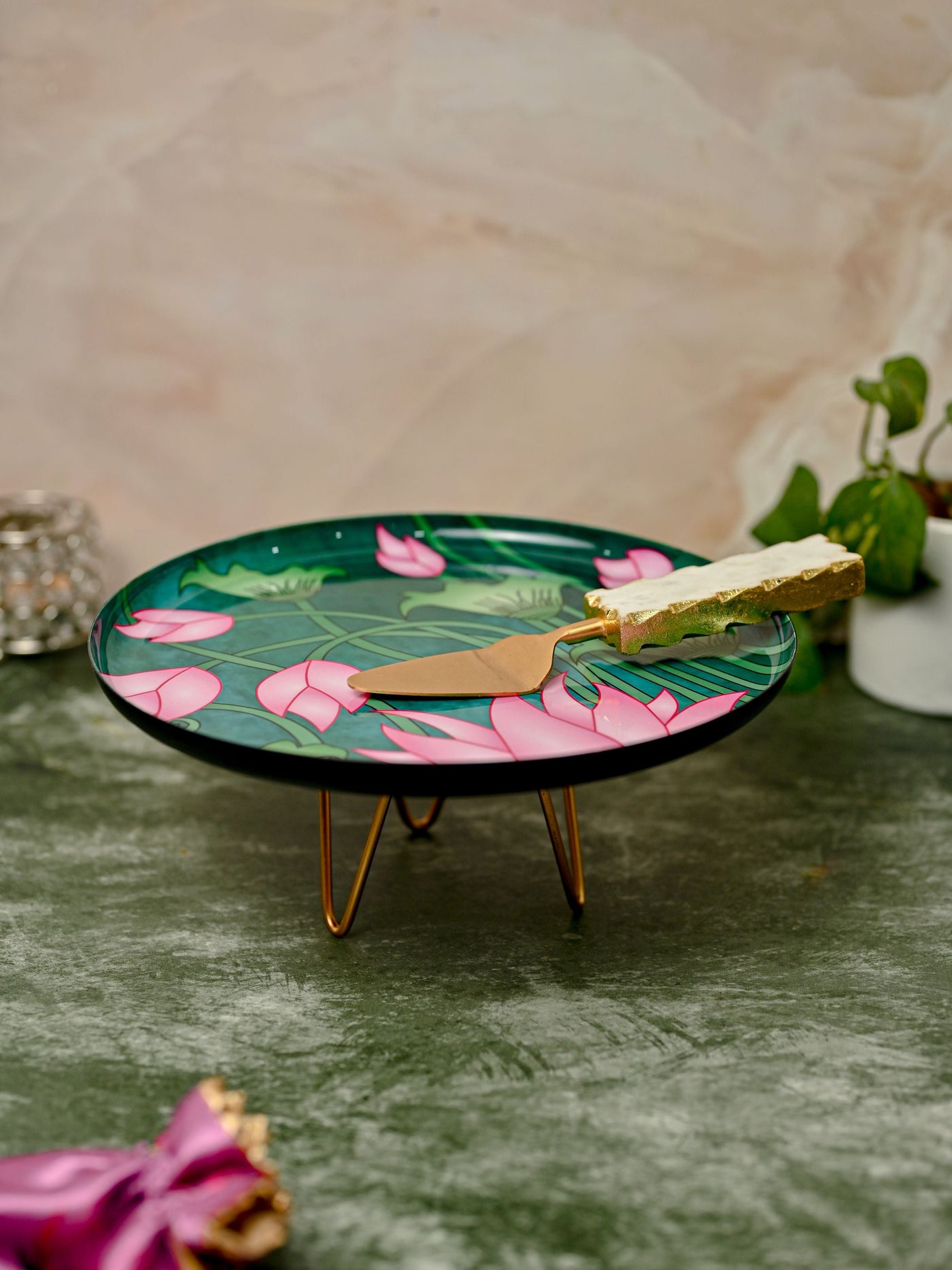 Cake Stand - Pichwai Print with Metal Stand