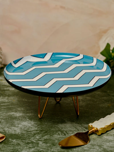 Cake Stand -  Turquoise Zig-Zag Print with Metal Stand