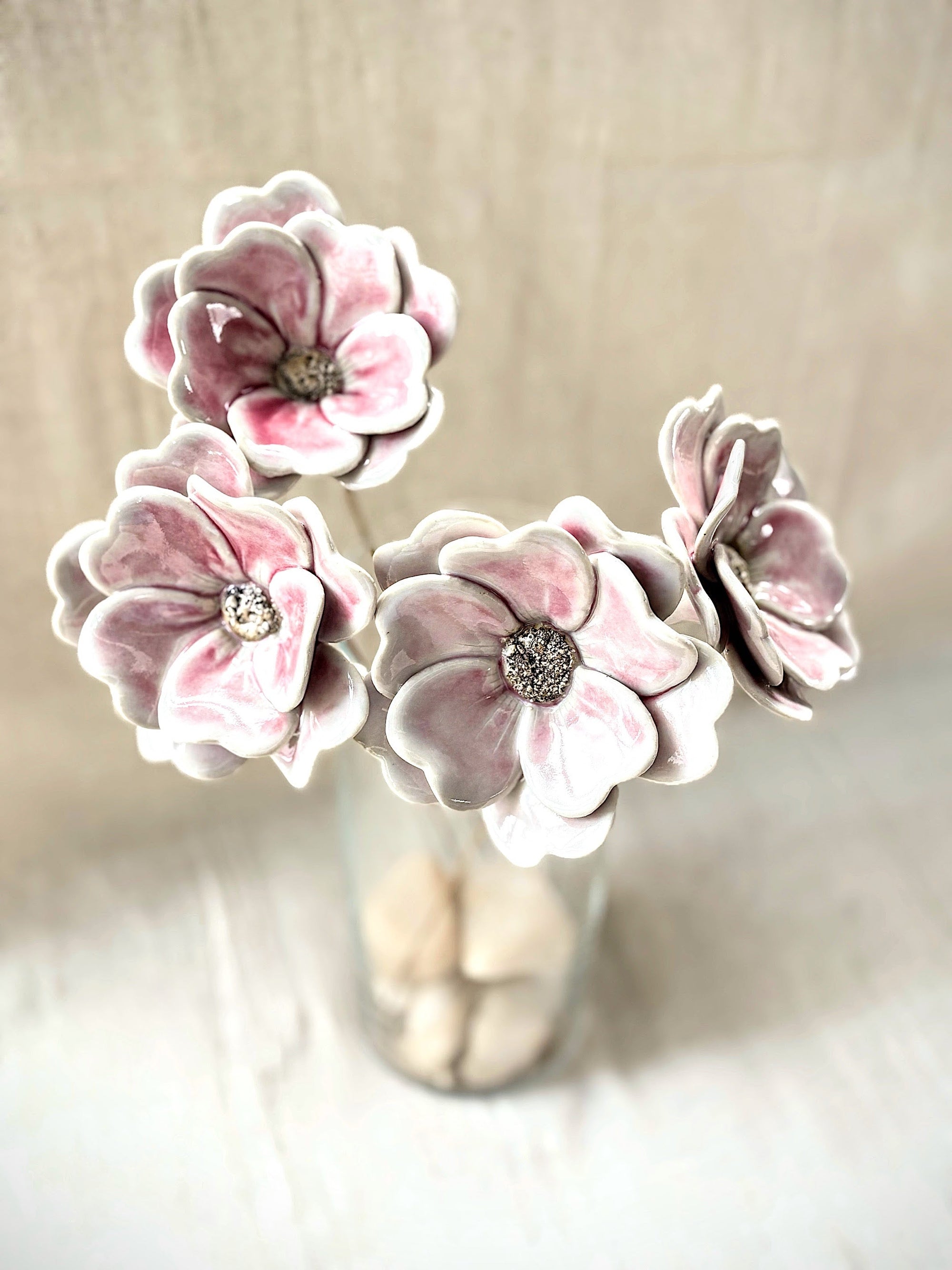 Blushing White Double Petalled Camellias - Single Flower Stem