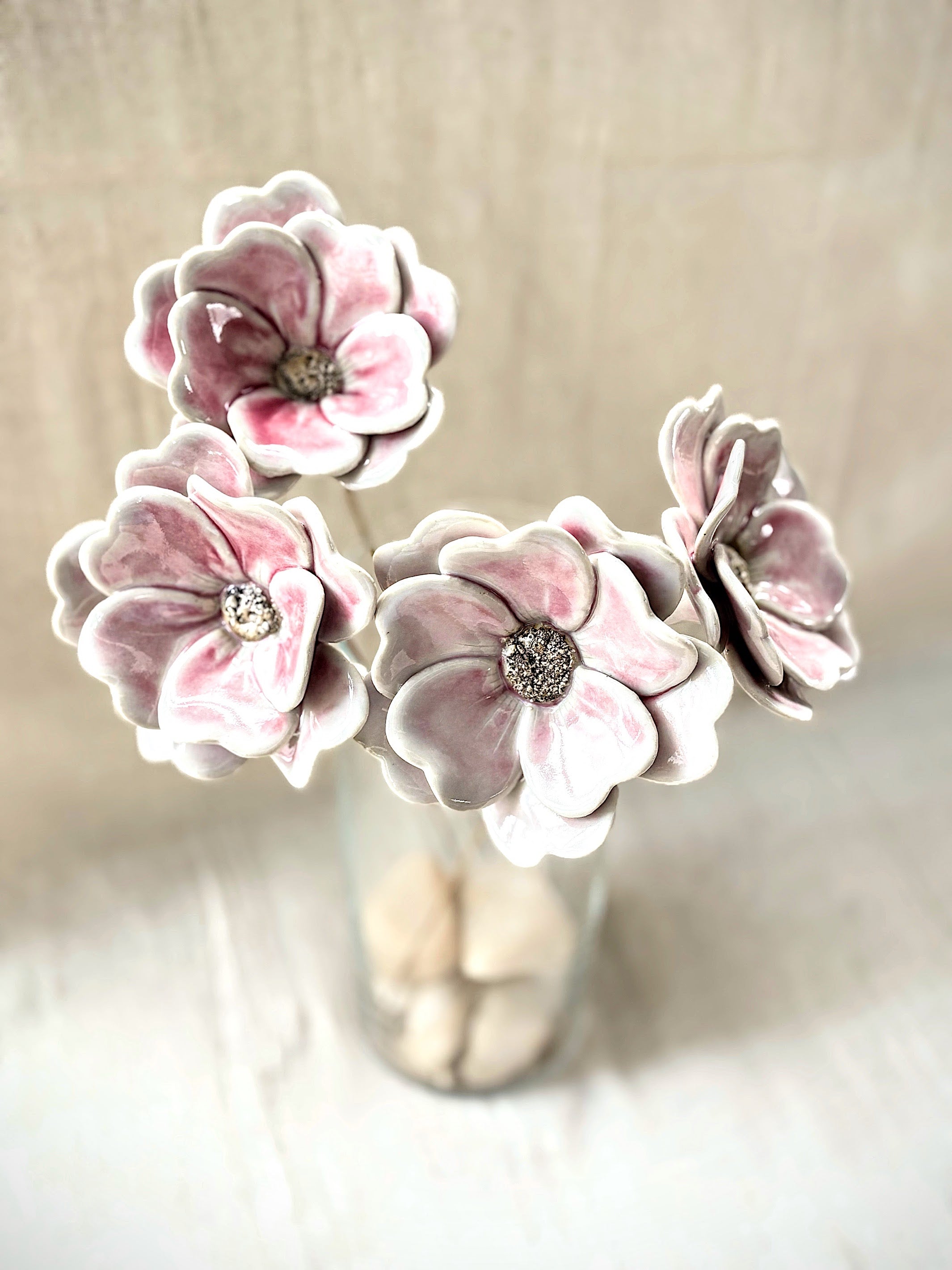 Blushing White Double Petalled Camellias - Single Flower Stem