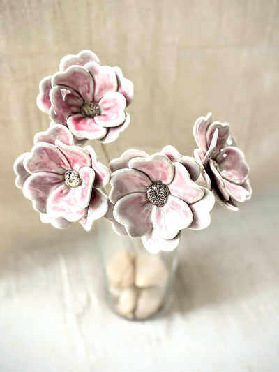 Blushing White Double Petalled Camellias - Single Flower Stem