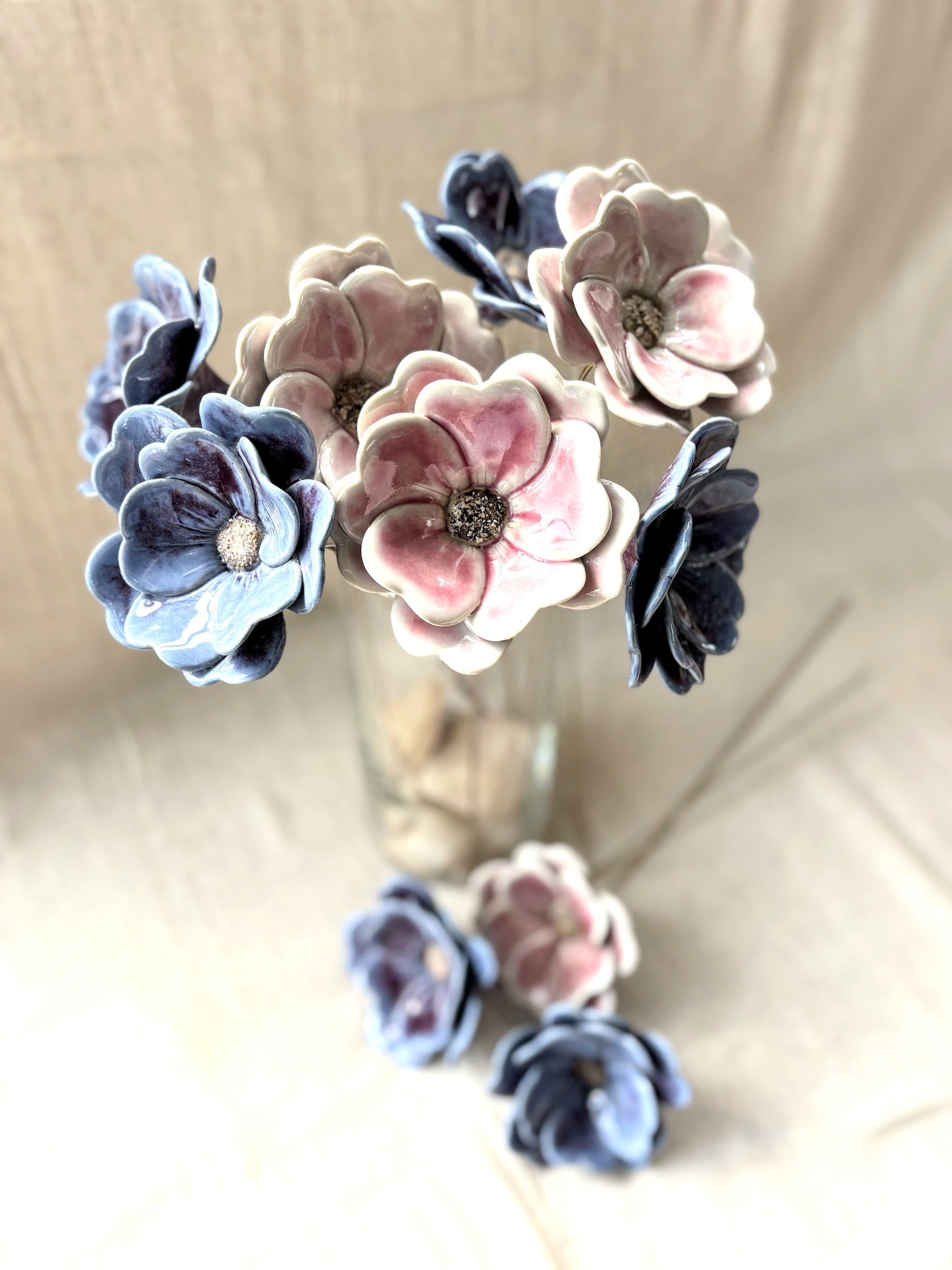Blushing White Double Petalled Camellias - Single Flower Stem