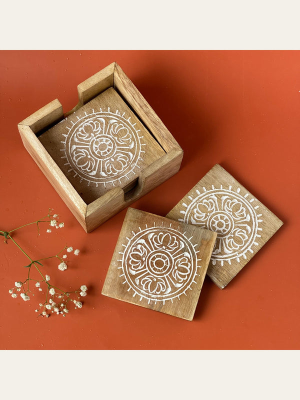 Carved Wood Coaster Set White