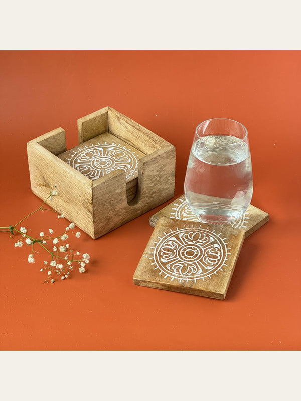 Carved Wood Coaster Set White