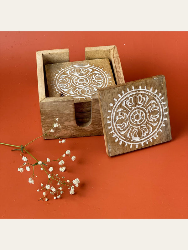 Carved Wood Coaster Set White