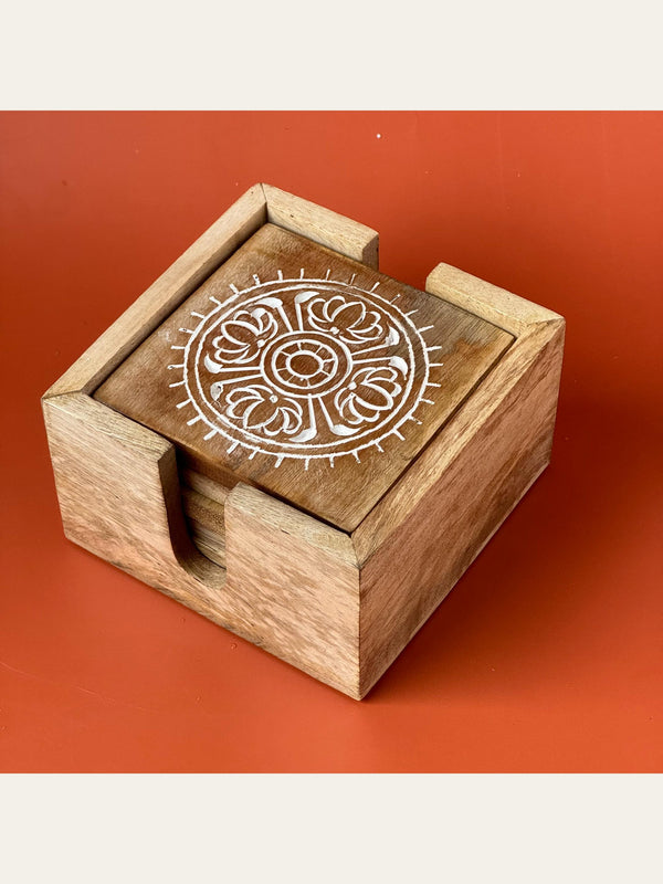 Carved Wood Coaster Set White