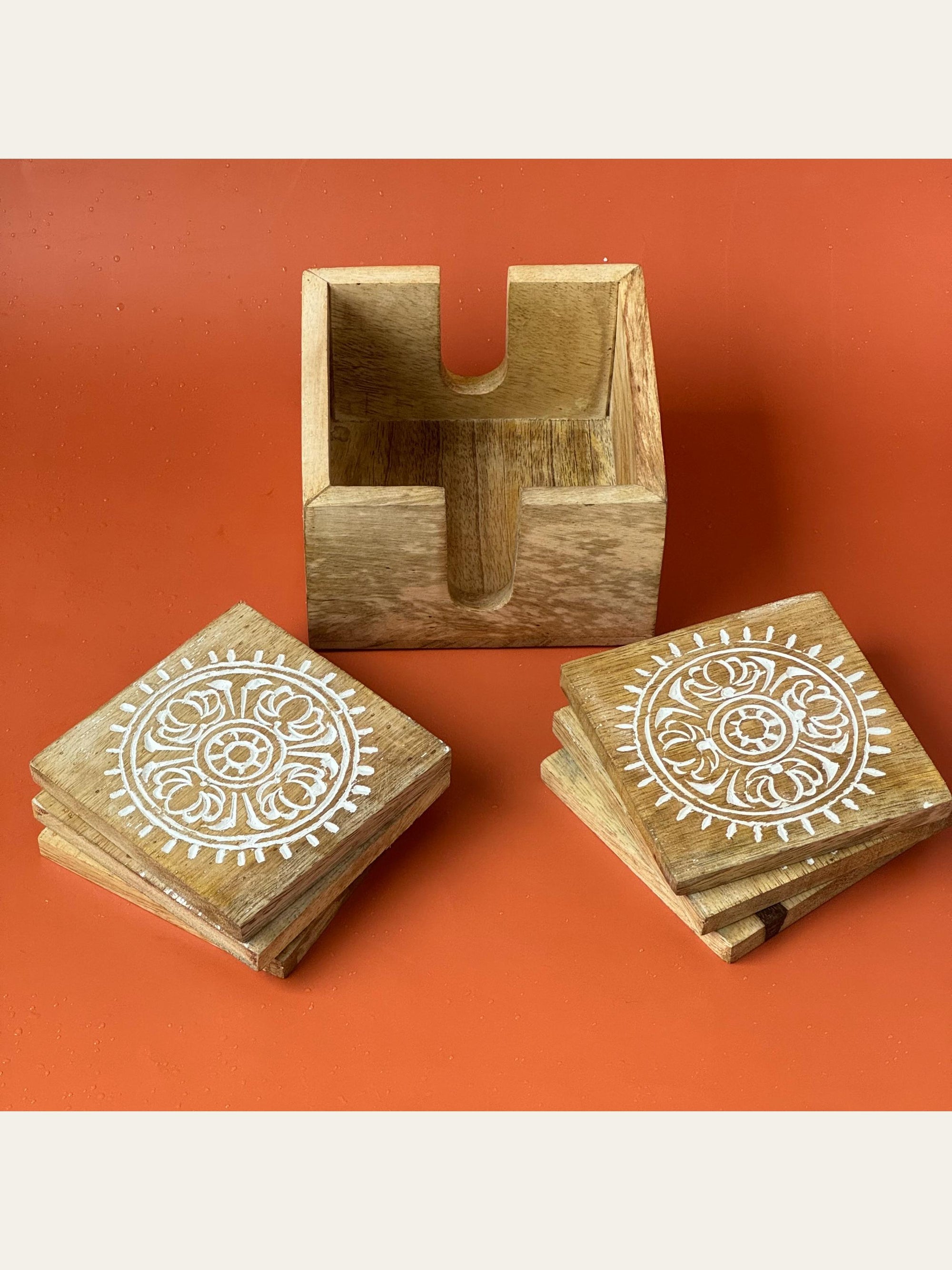Carved Wood Coaster Set White