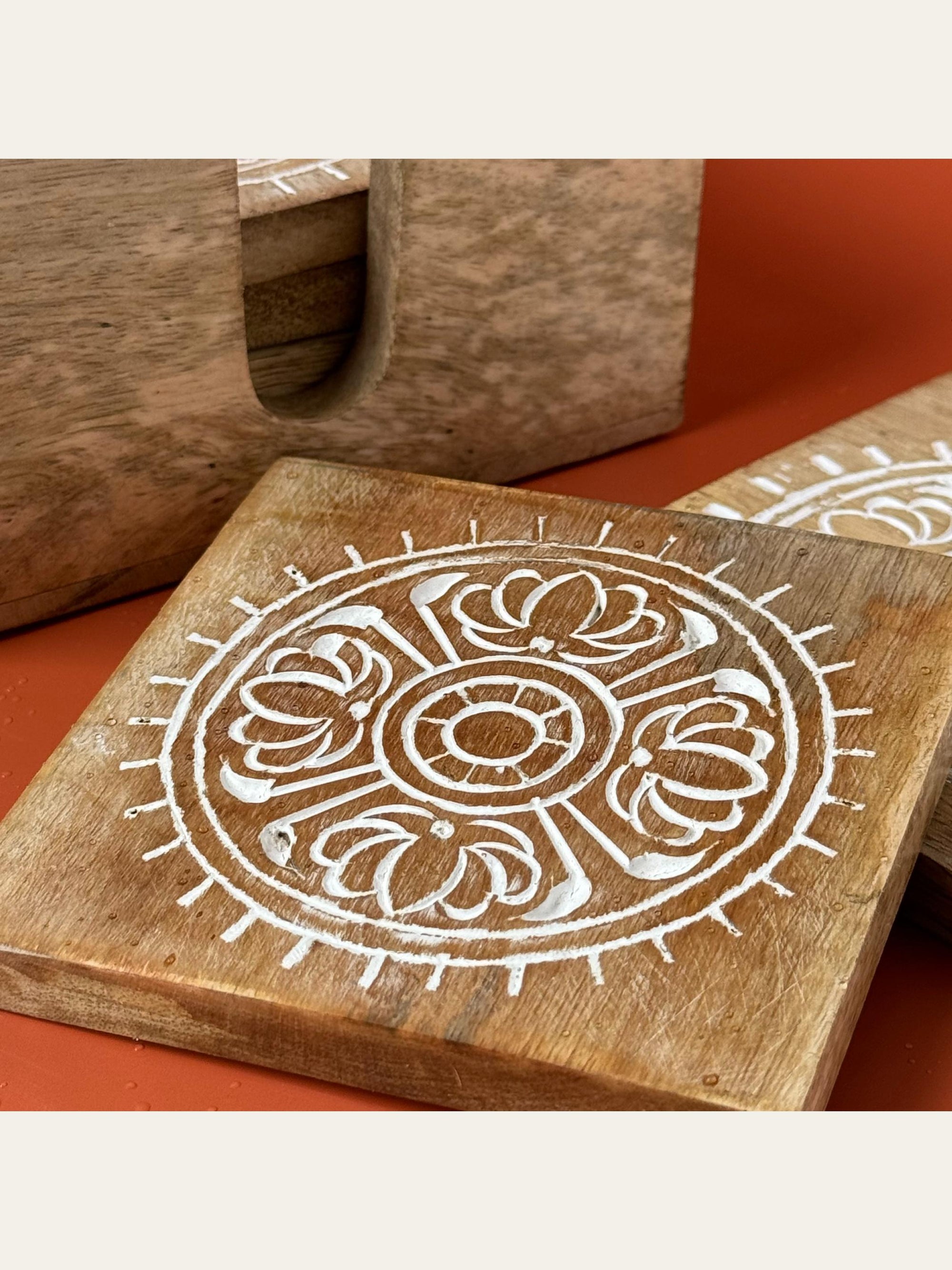 Carved Wood Coaster Set White