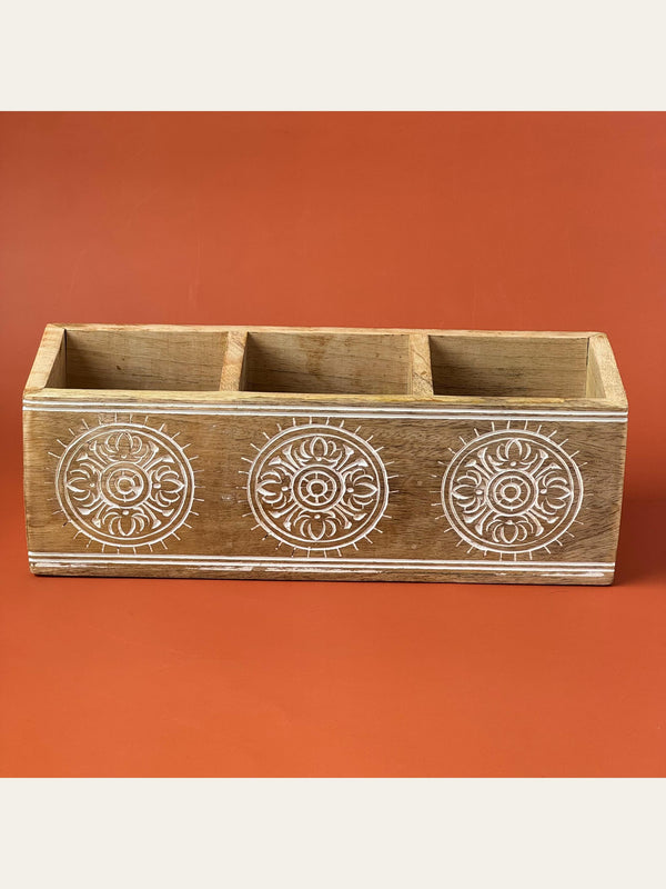 Carved Wood Cutlery Holder White