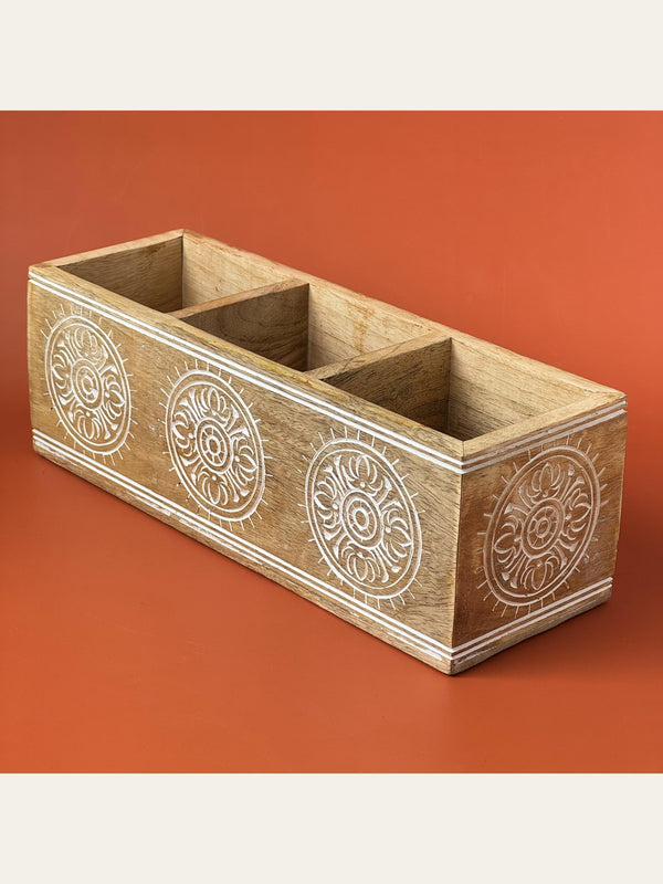 Carved Wood Cutlery Holder White