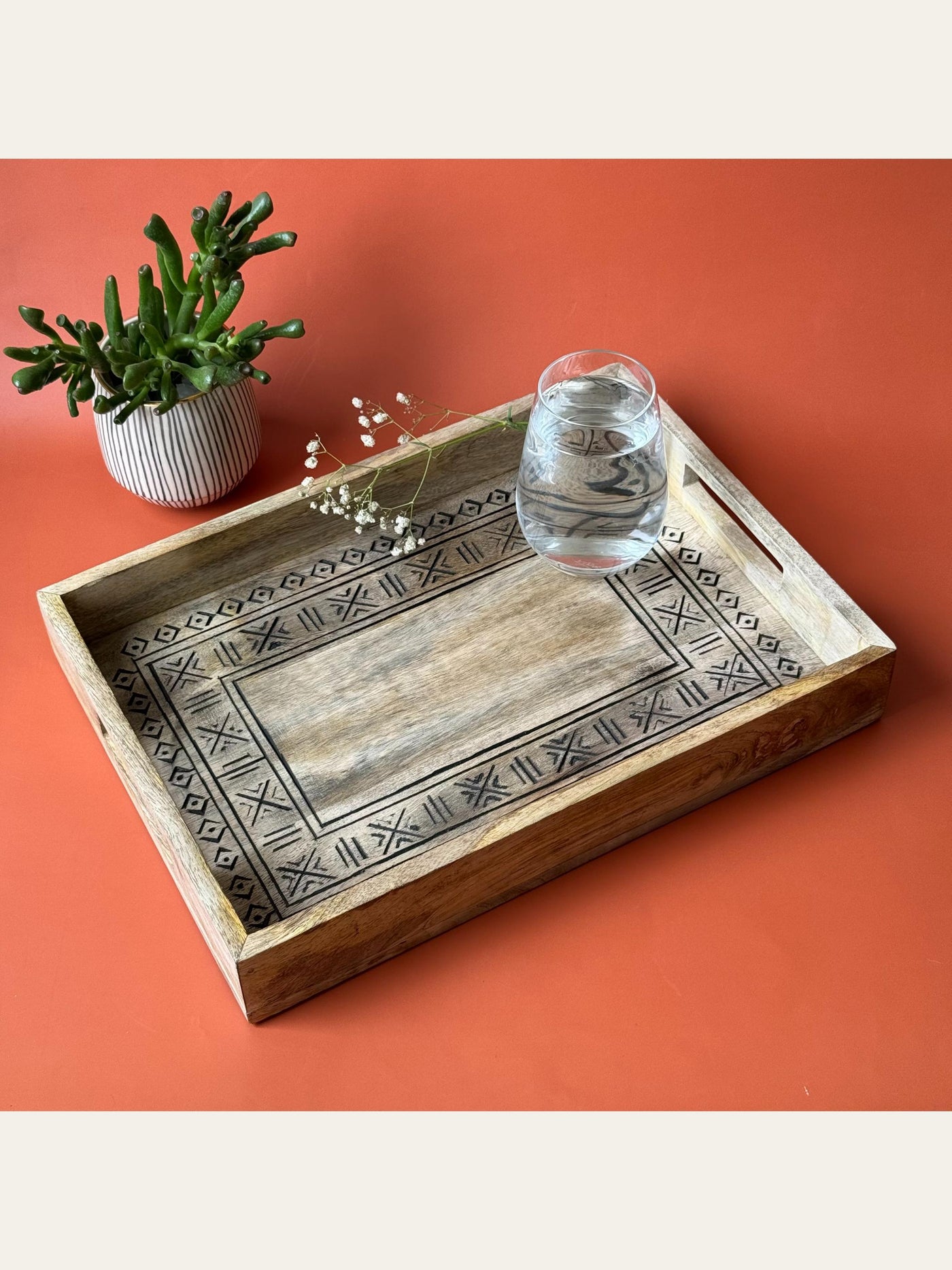 Carved Wood Rectangle Tray Black