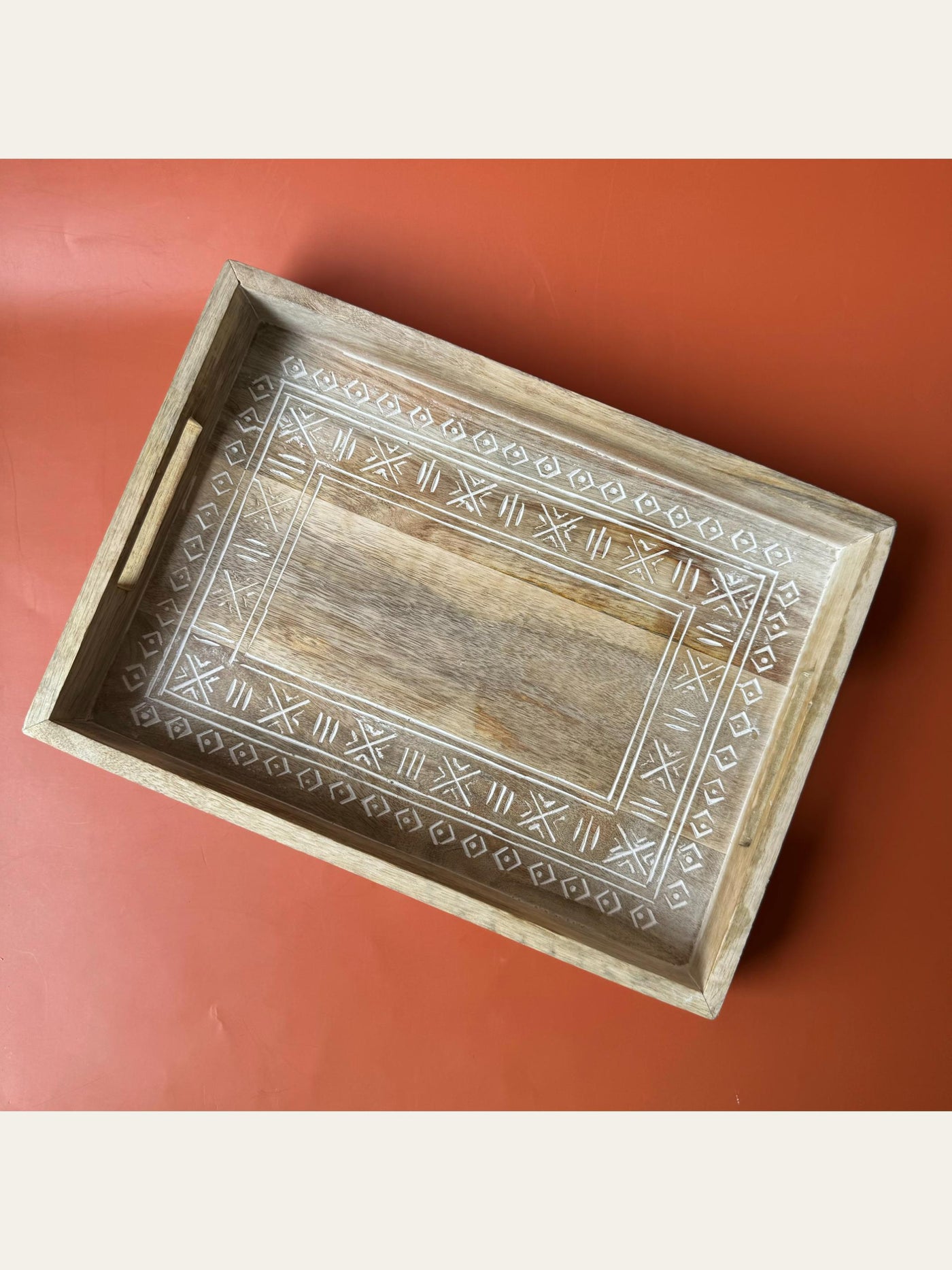 Carved Wood Rectangle Tray White