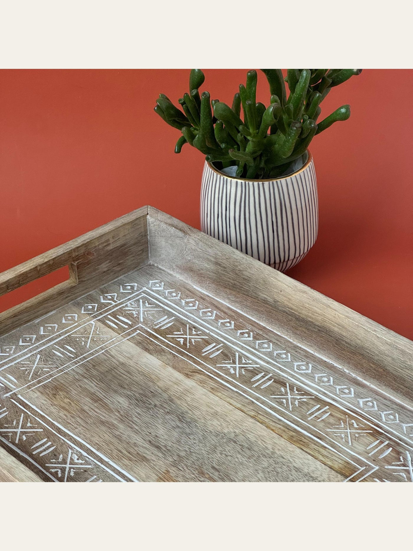 Carved Wood Rectangle Tray White