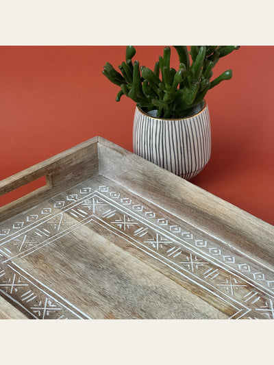 Carved Wood Rectangle Tray White