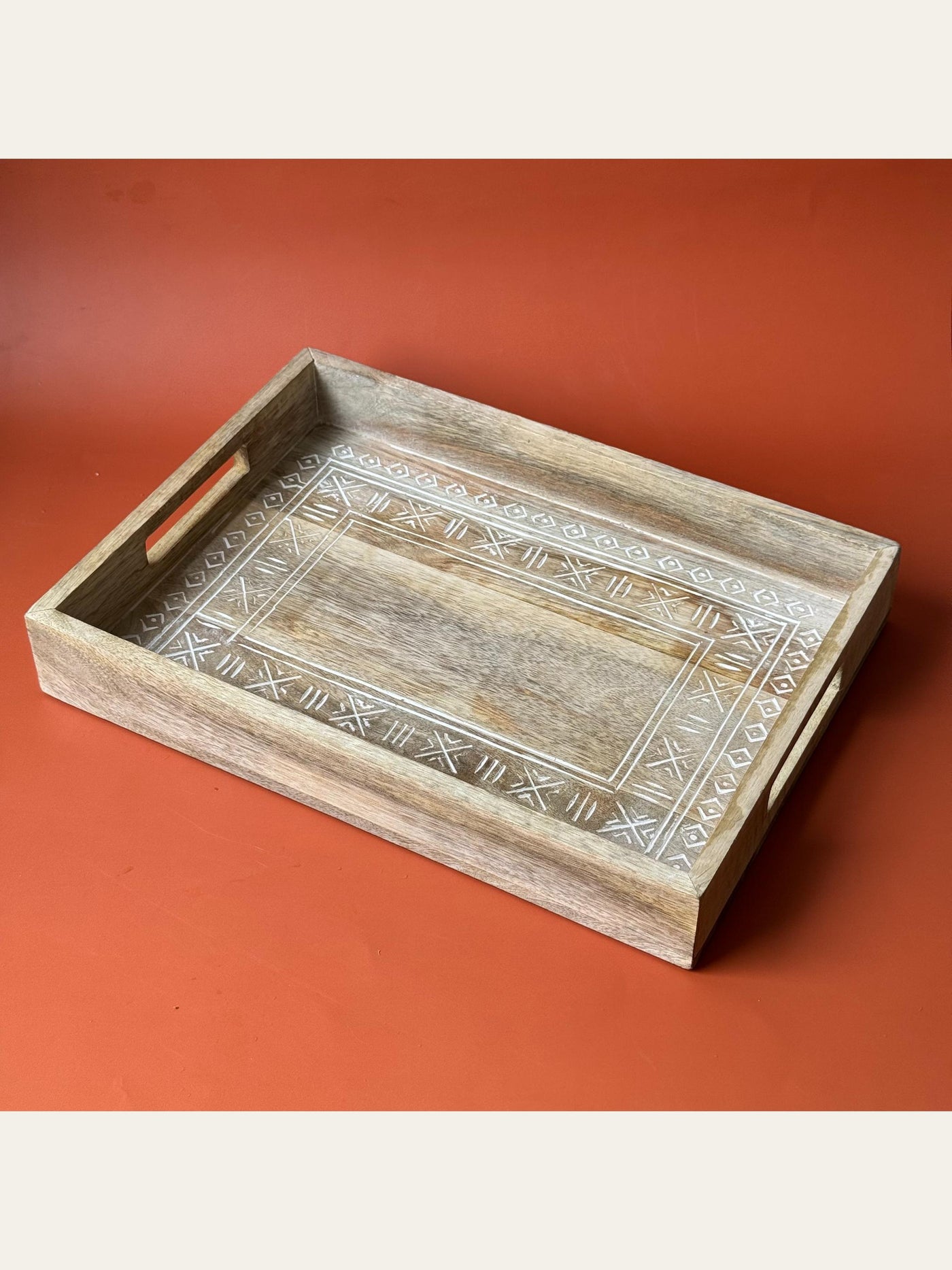 Carved Wood Rectangle Tray White