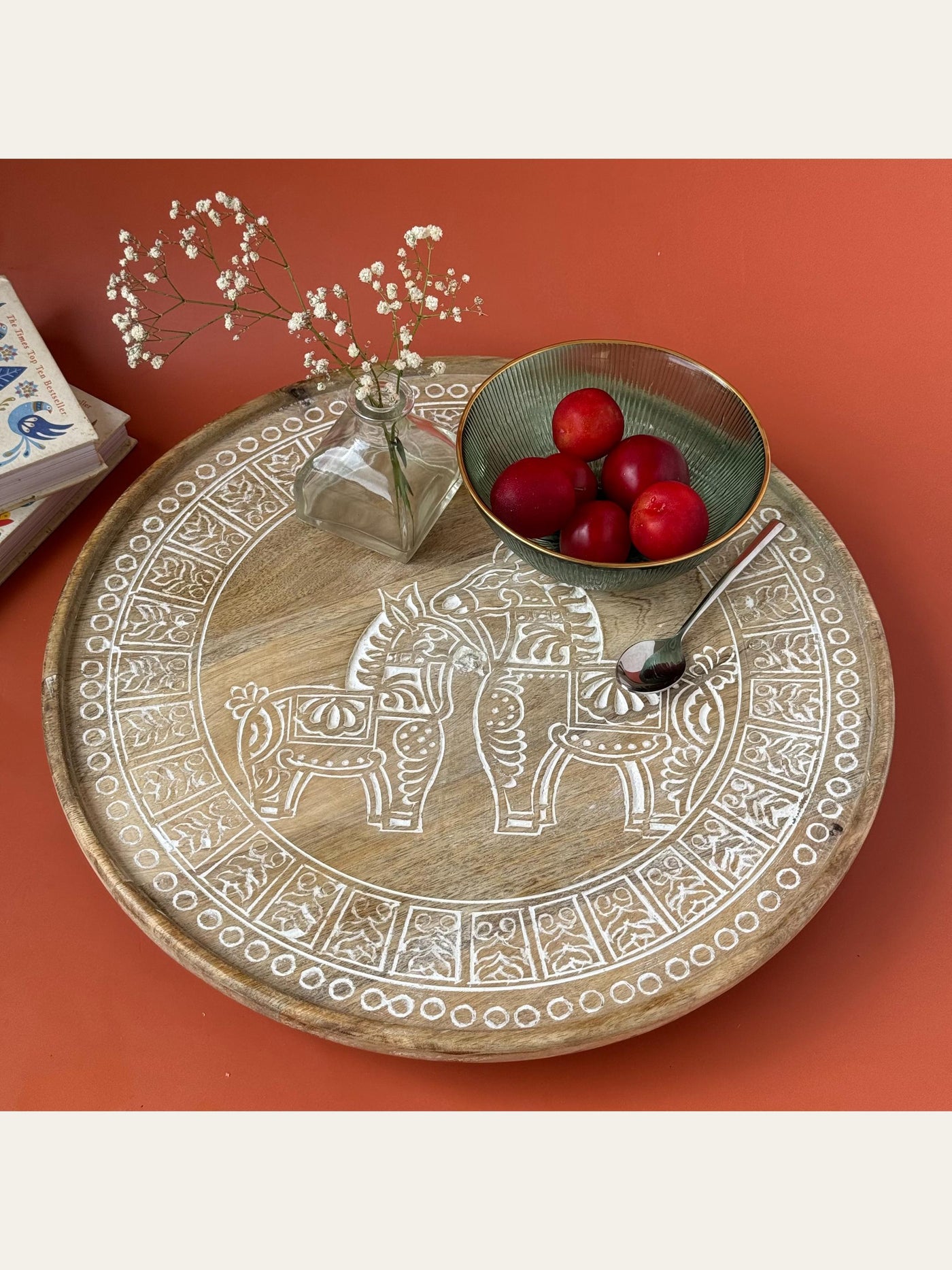 Carved Wood Revolving Tray White