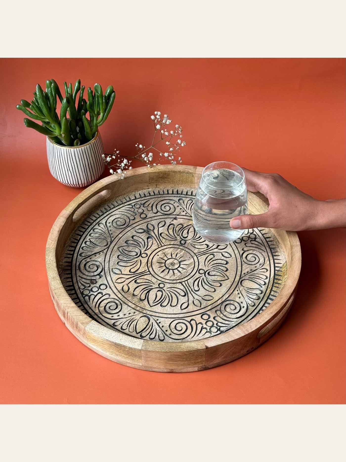 Carved Wood Round Tray Black