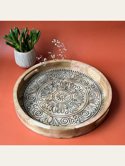 Carved Wood Round Tray Black