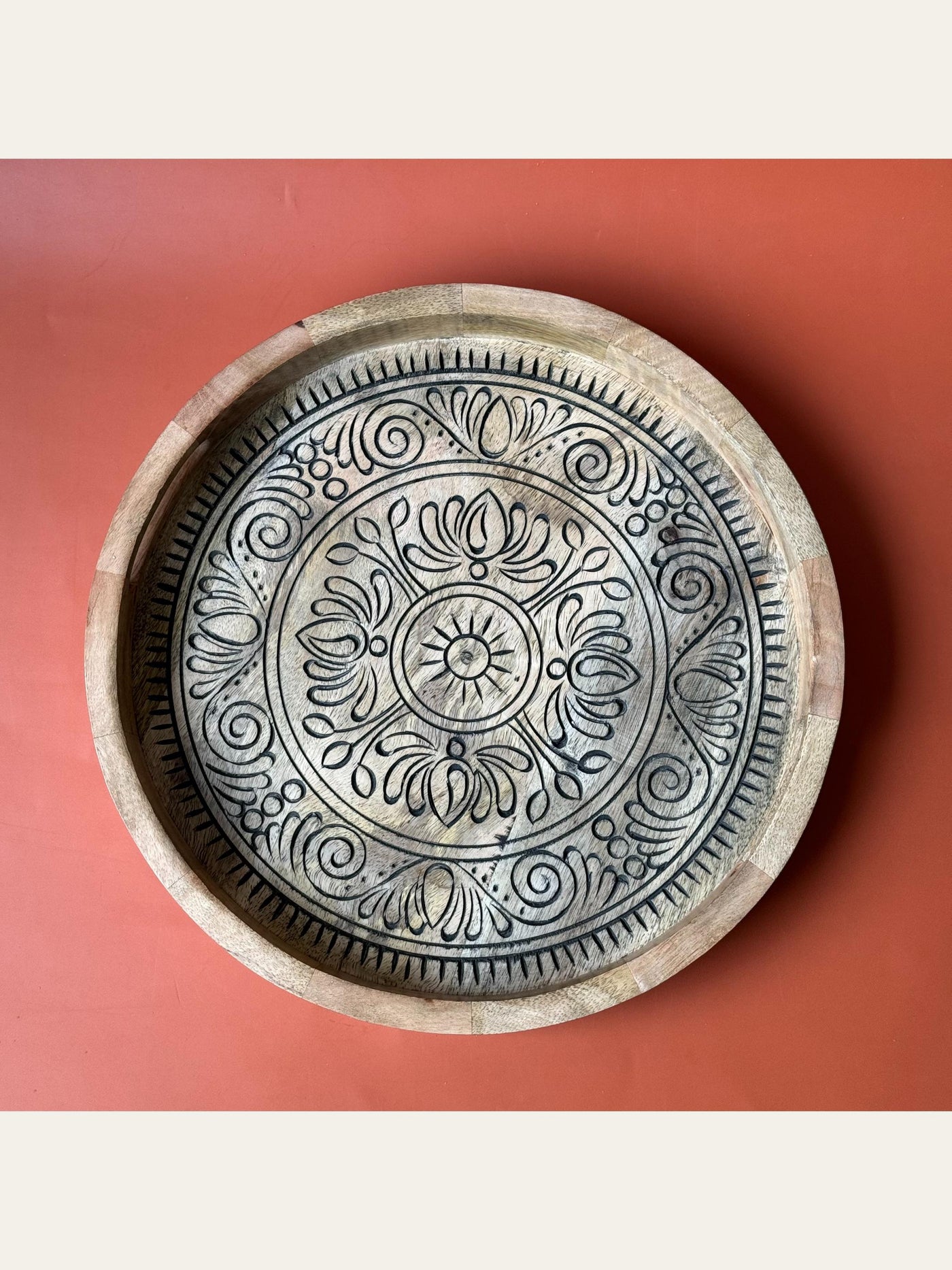 Carved Wood Round Tray Black