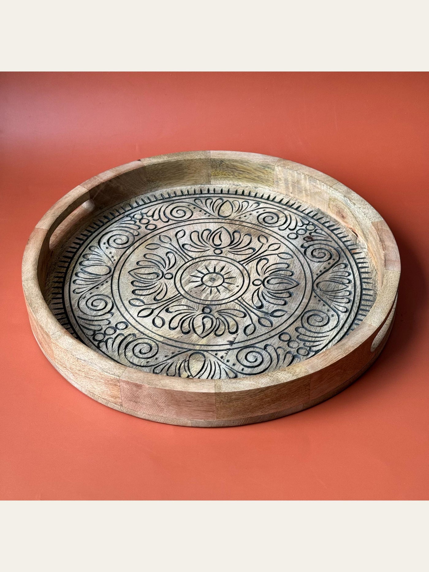 Carved Wood Round Tray Black