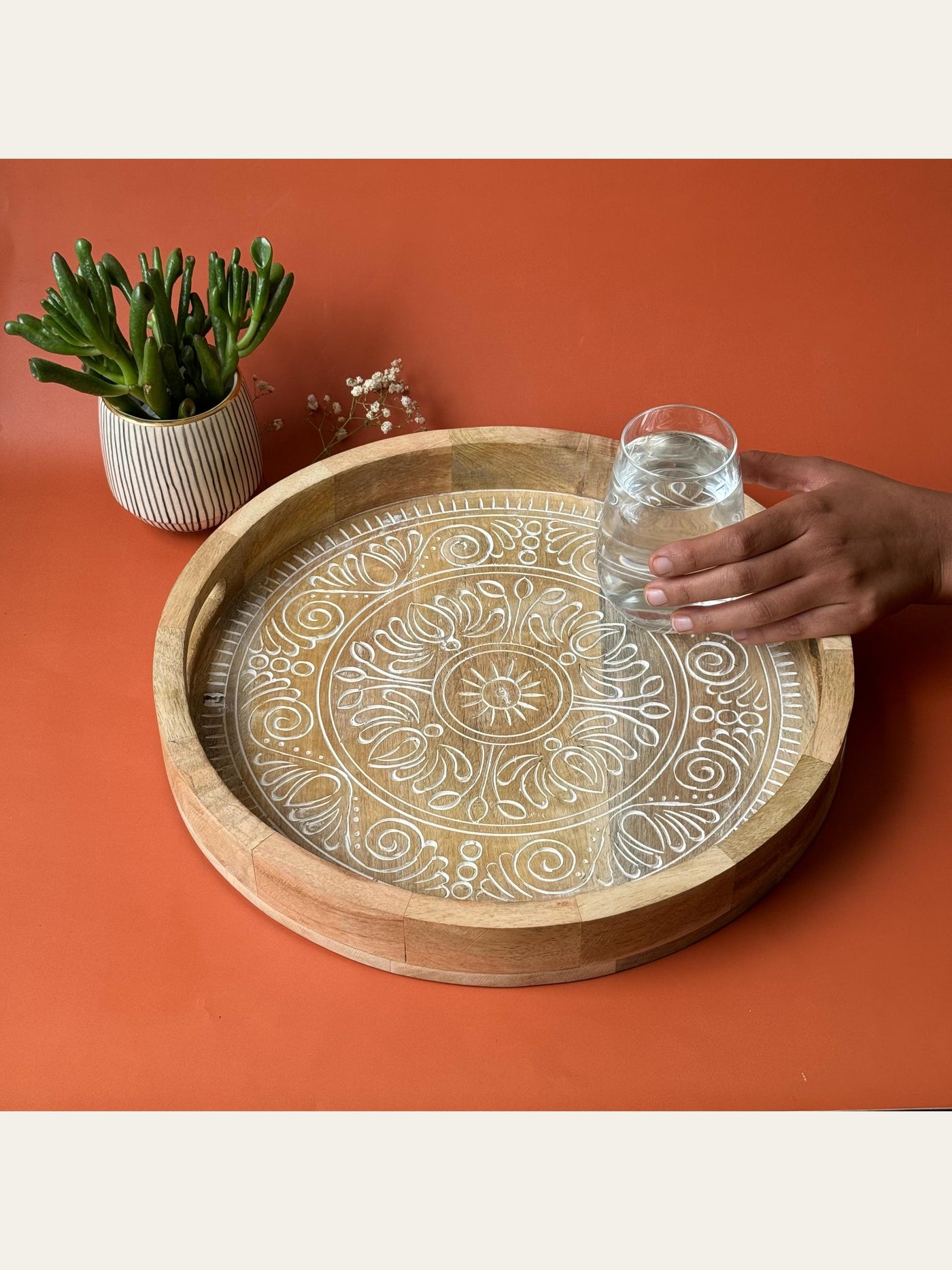 Carved Wood Round Tray White