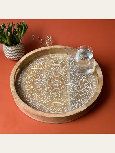 Carved Wood Round Tray White