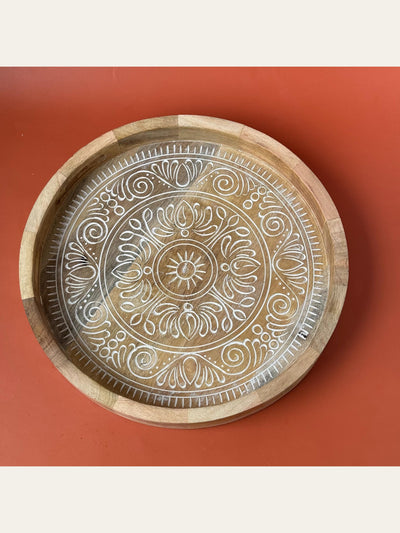 Carved Wood Round Tray White