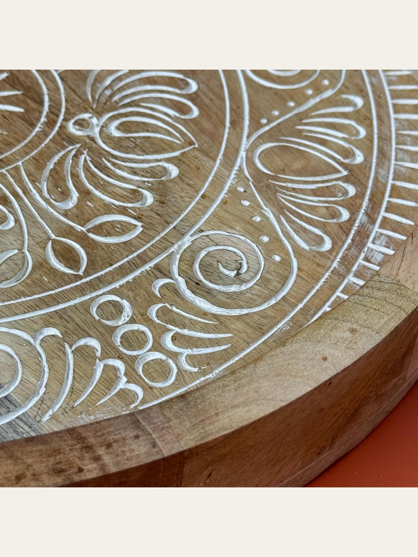 Carved Wood Round Tray White