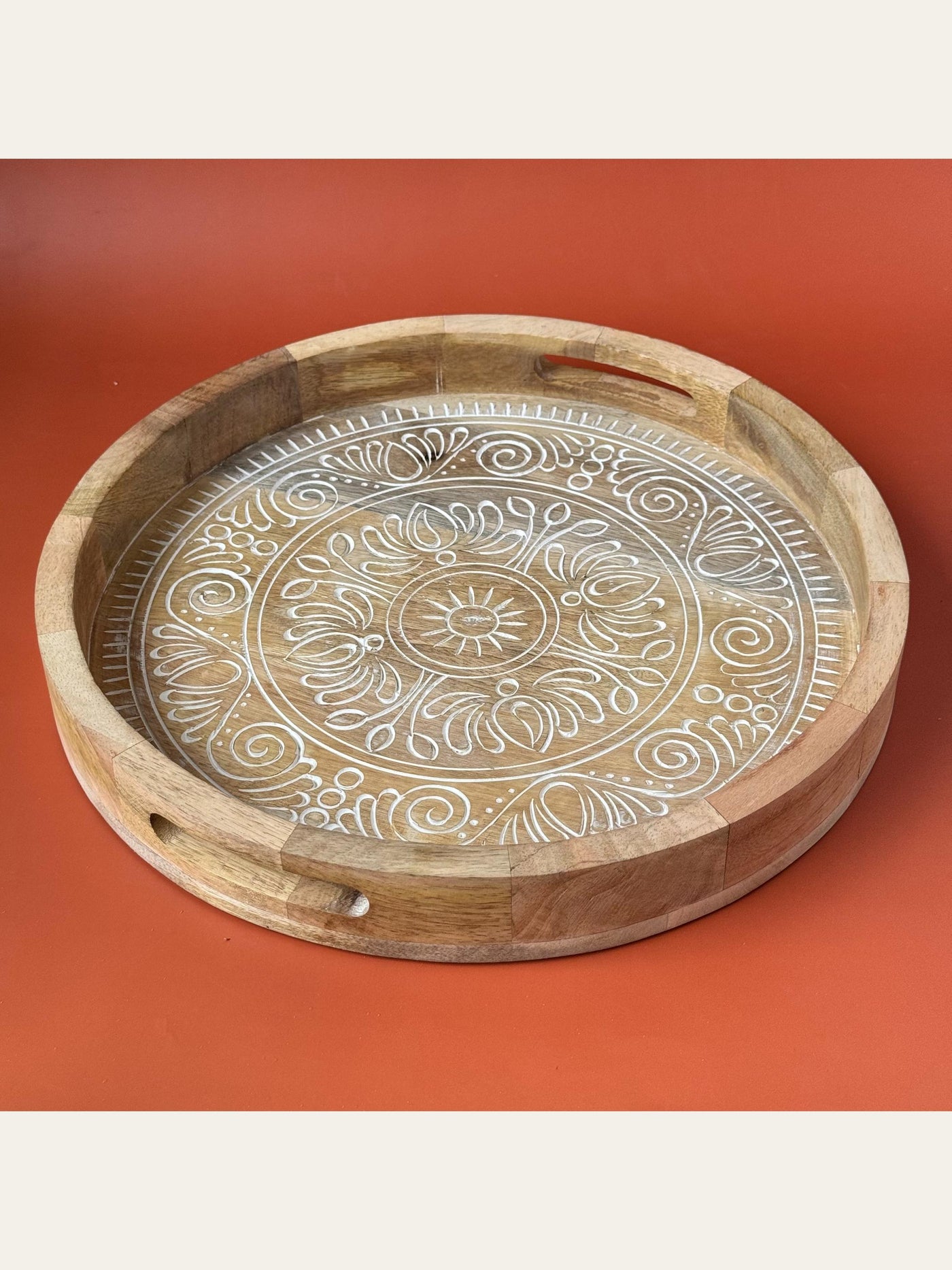 Carved Wood Round Tray White