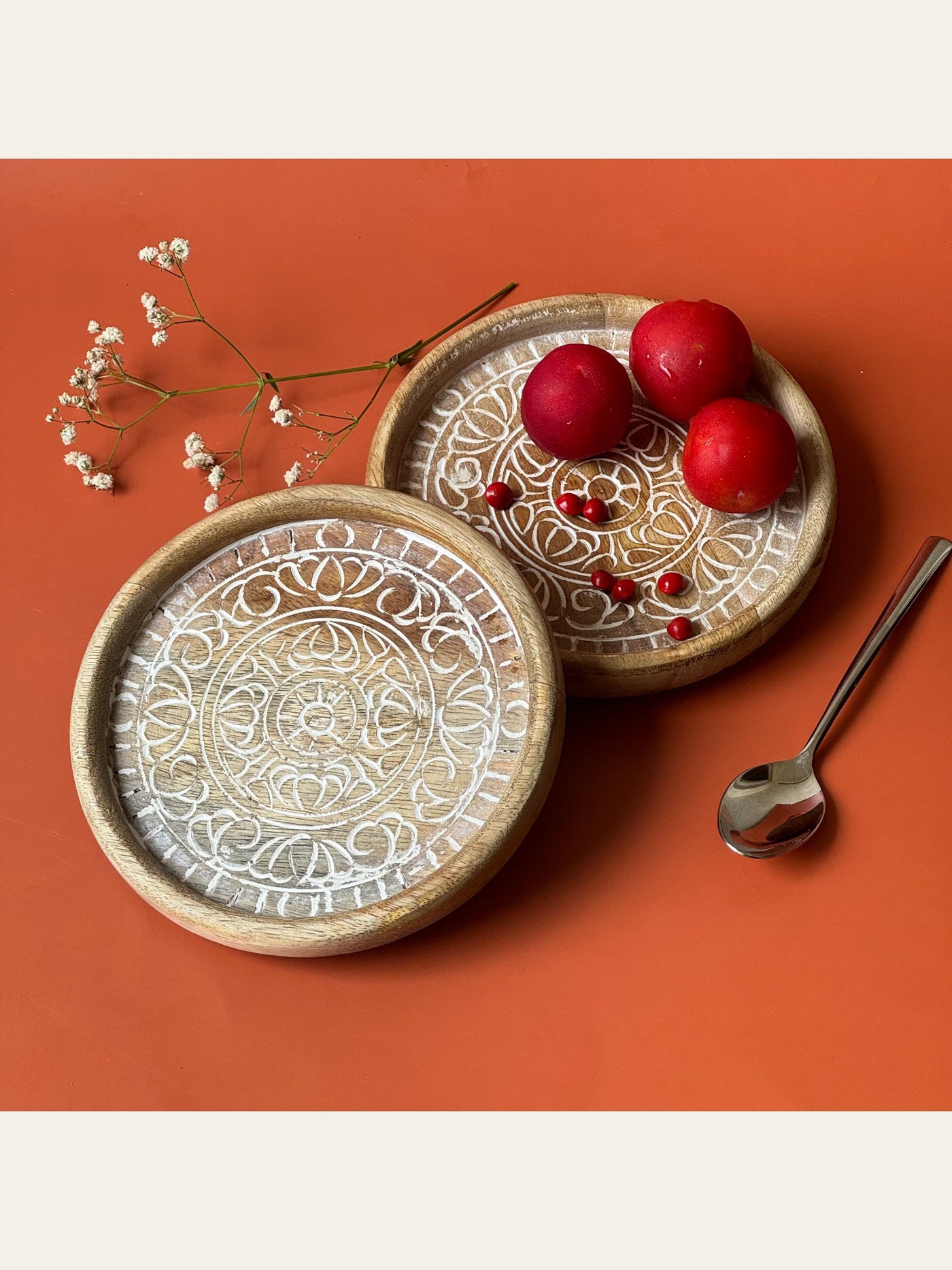 Carved Wood Small Tray Set of 2 White