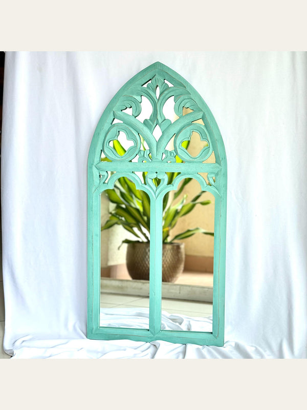 Carved Wooden Arch Wall Mirror Turquoise