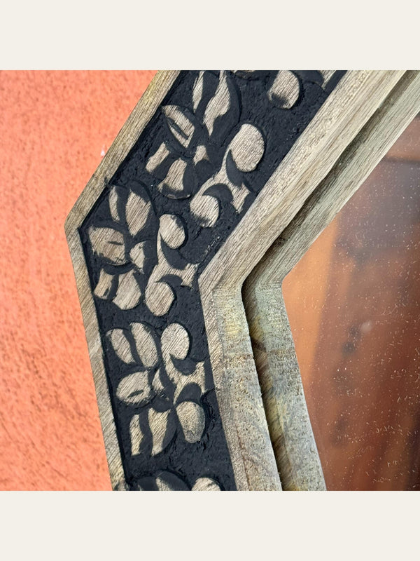 Carved Wooden Hexagon Wall Mirror Black