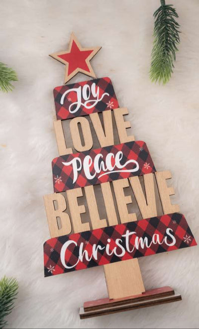 Wooden Christmas Tree with Joy, Love, Peace, Believe Words_CC107