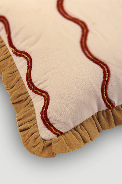 Aria Ruffle Oatmeal Embroidered Lumbar Cushion Cover