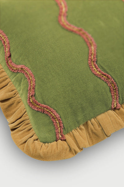 Aria Ruffle Forest Green Embroidered Lumbar Cushion Cover