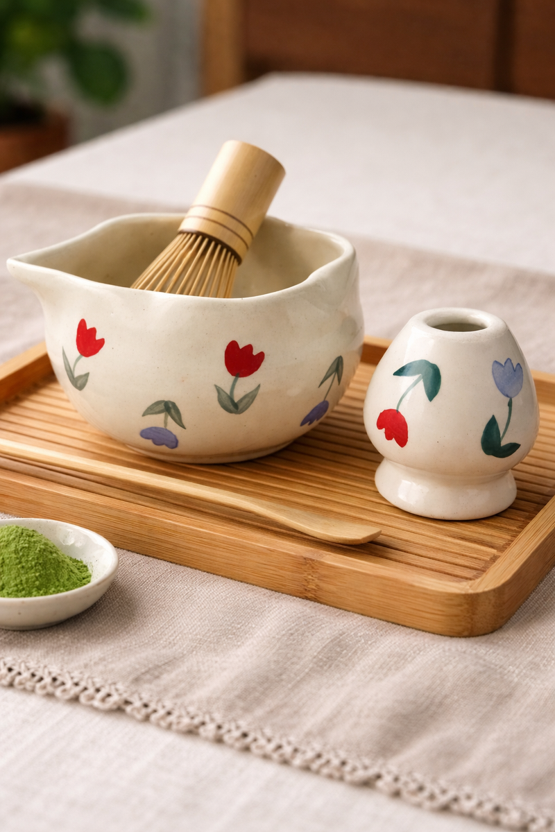 Matcha Tea Mixing Bowl & Whisk Holder Set - Floral Design
