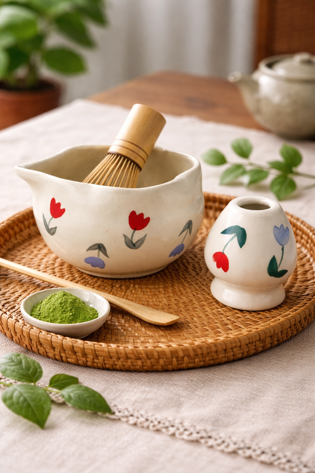 Matcha Tea Mixing Bowl & Whisk Holder Set - Floral Design