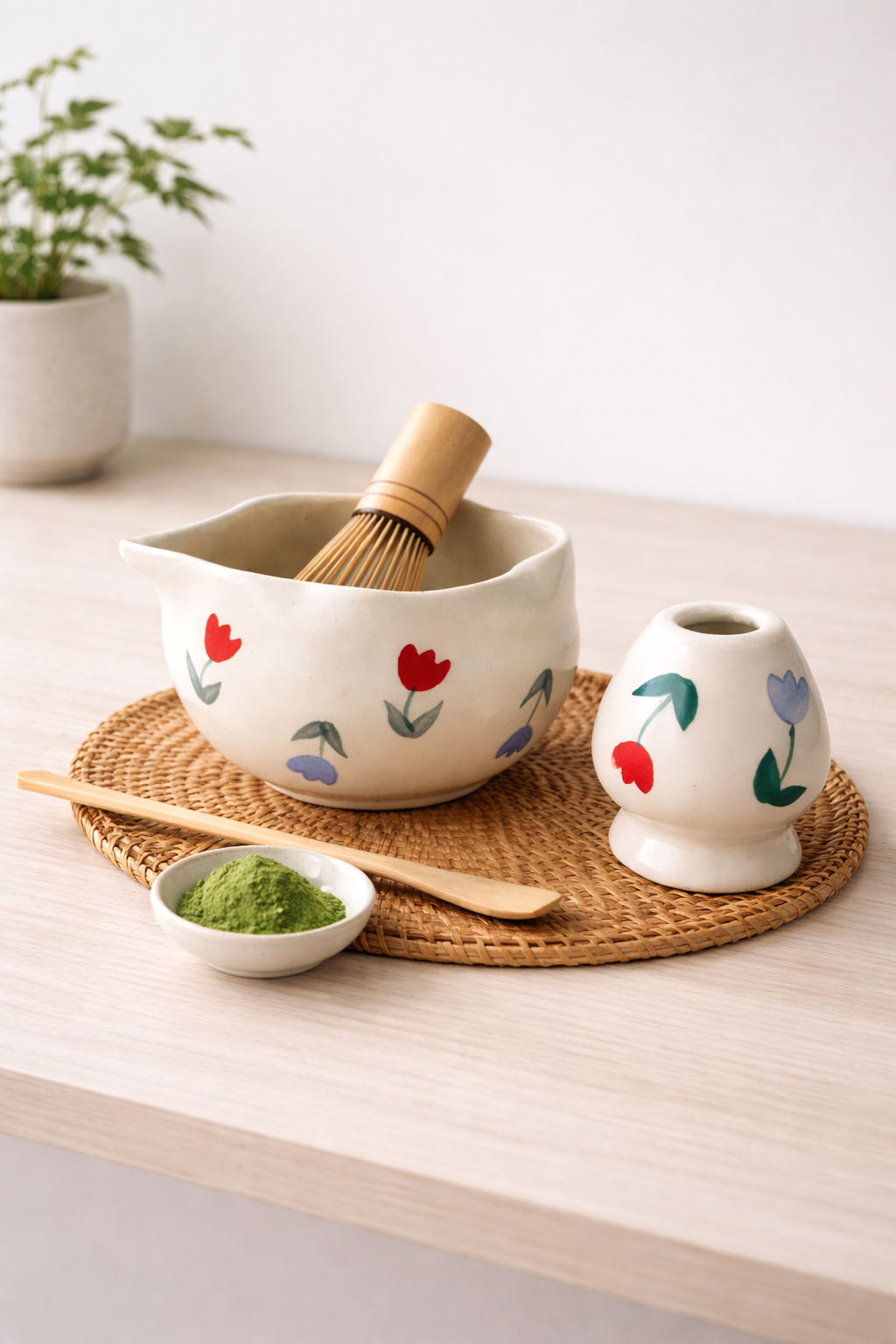 Matcha Tea Mixing Bowl & Whisk Holder Set - Floral Design