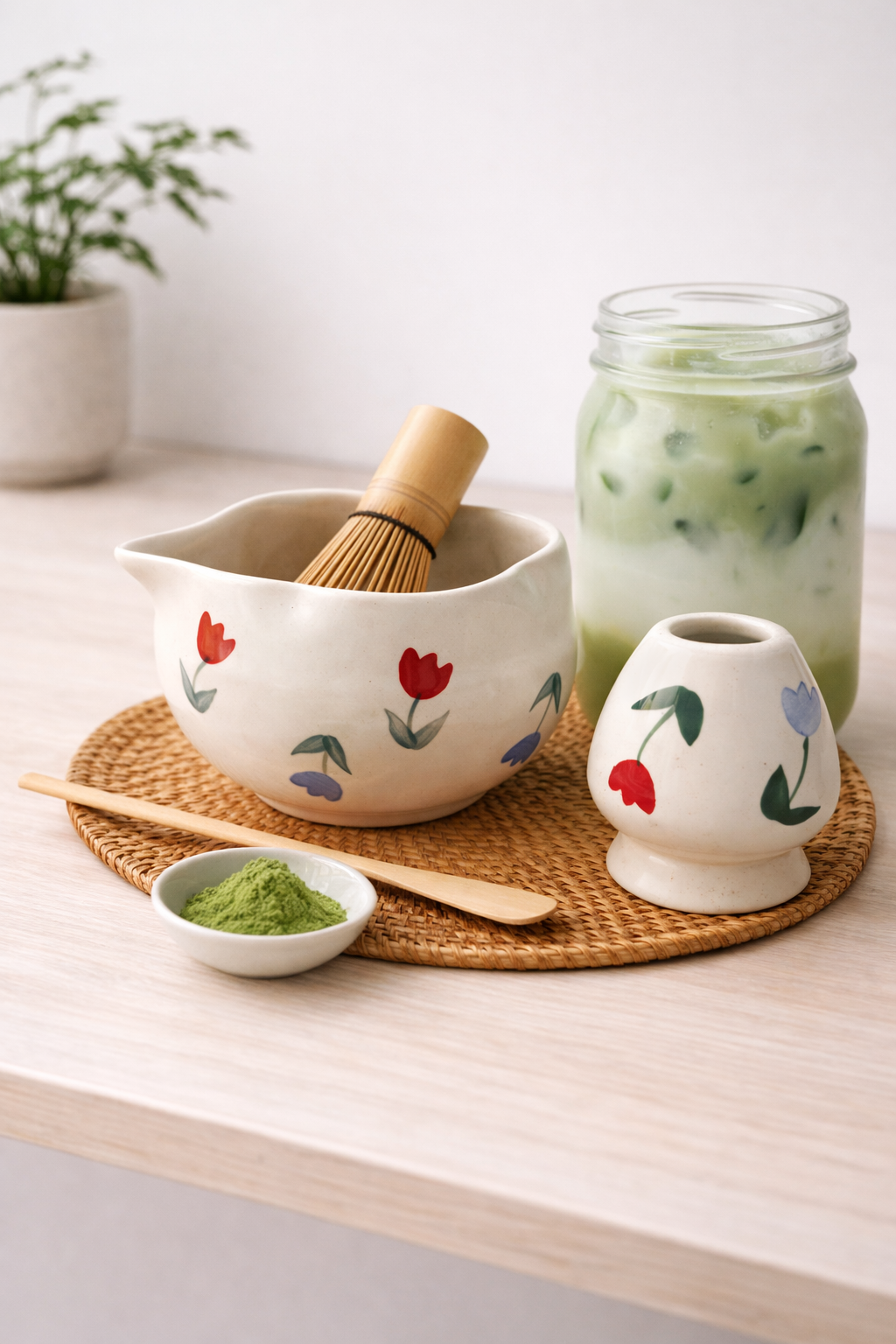 Matcha Tea Mixing Bowl & Whisk Holder Set - Floral Design