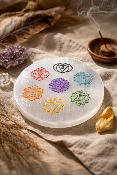 Selenite 7 Chakra Healing Platter for Crystal Charging & Energy Balance