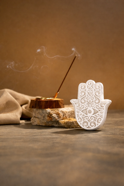 Selenite Hamsa Negative Energy Block Table Accent